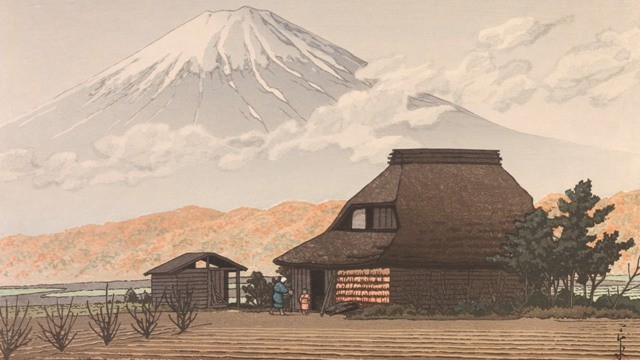 1.Kawase Hasui Japanese, 1883–1957 Mt. Fuji from Narusawa, 1936 Color woodblock print on laid paper Gift of Momotaro Yanagida, Mayor of Moji, Japan, sister city of Norfolk
